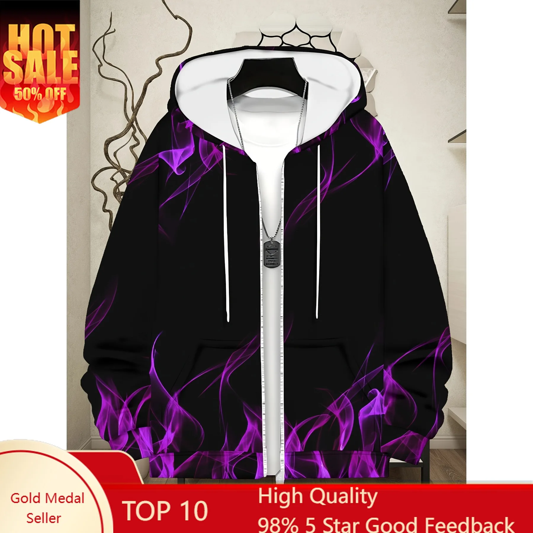 Moletom masculino com capuz roxo padrão de fumaça com zíper de manga comprida, jaqueta casual de outono inverno ao ar livre com cordão e bolsos