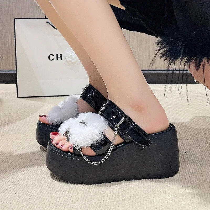 8.5 سنتيمتر الشرير برشام مكتنزة أسفل الارتفاع زيادة الصنادل النساء الصيف الشاطئ تنفس شبشب جلدي الإناث الترفيه أسافين #5