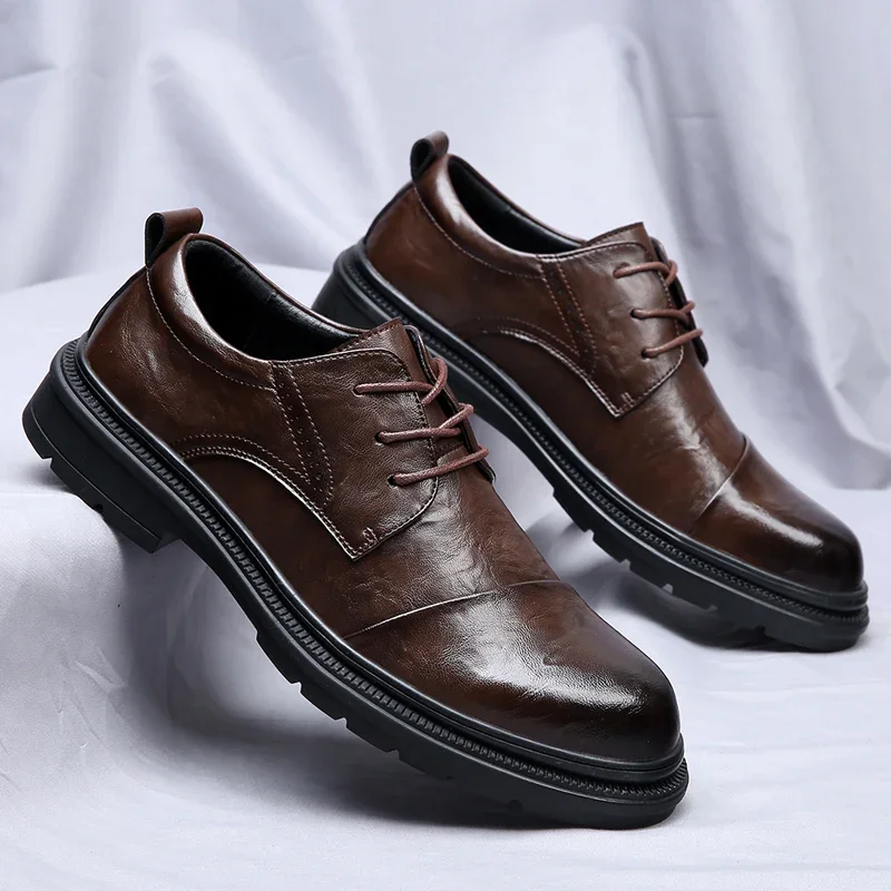 

High Quality Leather Formal Shoes for Men Lace Up Oxford Shoes Low-heel Wedding Party Office Business Moccasin Comfy Footwear