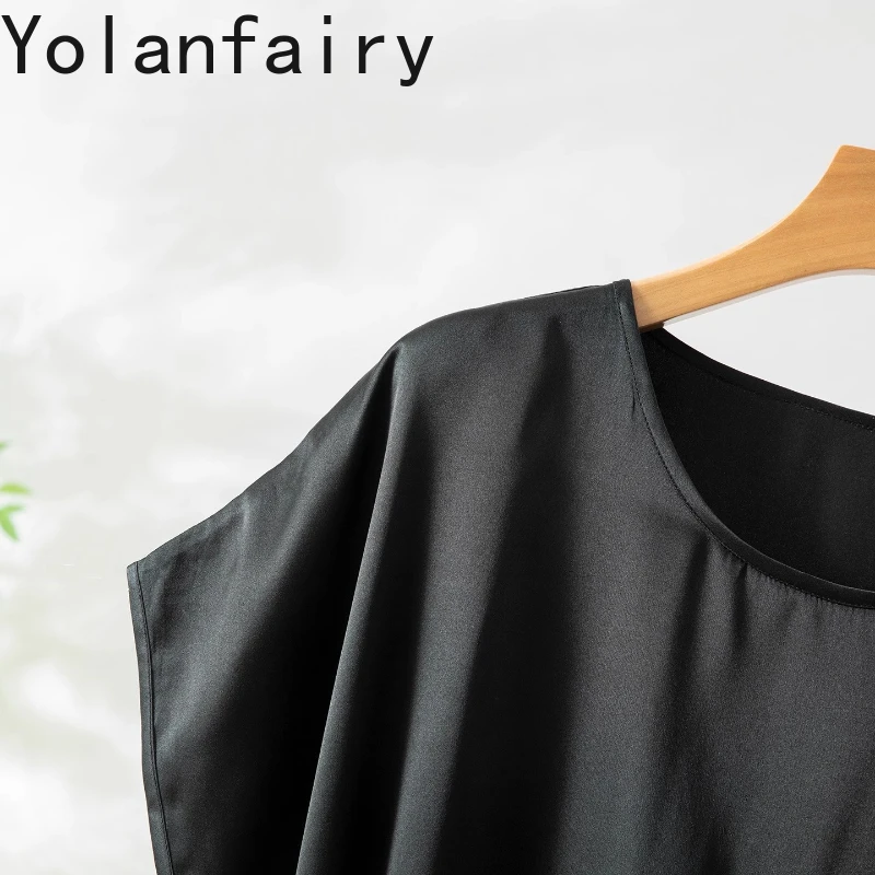 YOLANFAIRY 100% リアル桑シルクサマードレス 2025 スムーズなサテンシルクブラックドレス女性ラウンドネック半袖ドレスオフィス