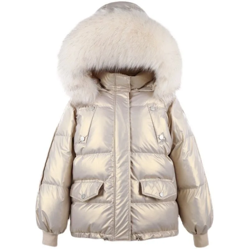 Chaqueta de plumón de pato blanco para mujer, traje de plumón Delgado, abrigo cálido de alto grado, cara brillante corta, invierno, nuevo