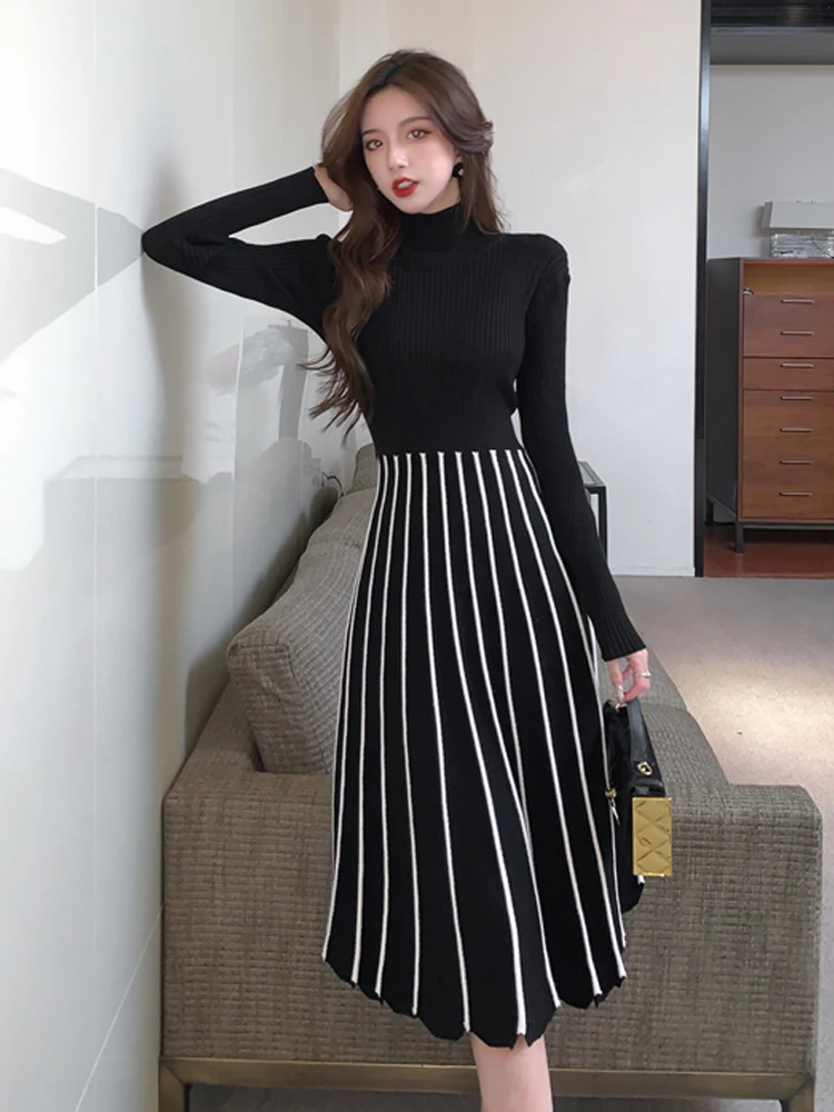 2022 New Autumn Winter High Collar Thickening Women Long Dress Bottoming Sweater Skirt Fashion Striped Pleated Knitted Dresses