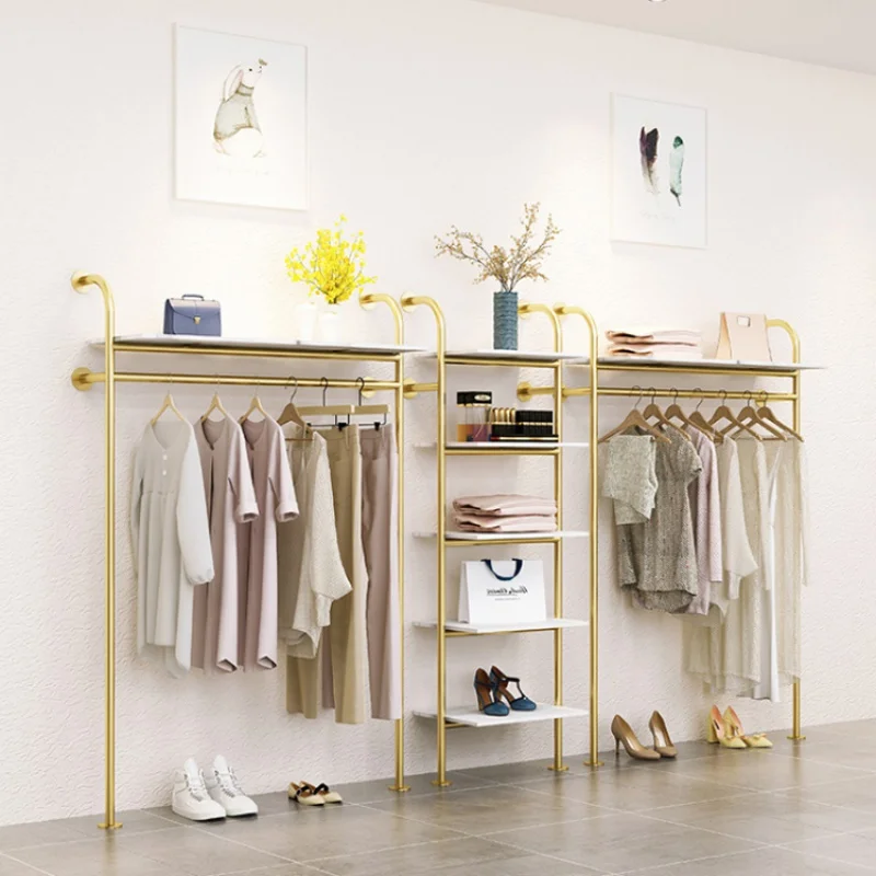 Gold Stainless Steel Metal Hanging Rack, Wall Mounted Display Racks para loja de roupas, Boutique Decoração, Custom