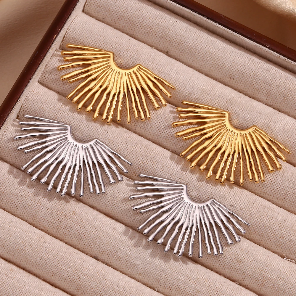 Street Exaggerated Ray Fan-shaped Earrings Unique 316L Stainless Steel Jewelry 18K Gold Plated Women's Earrings Gift