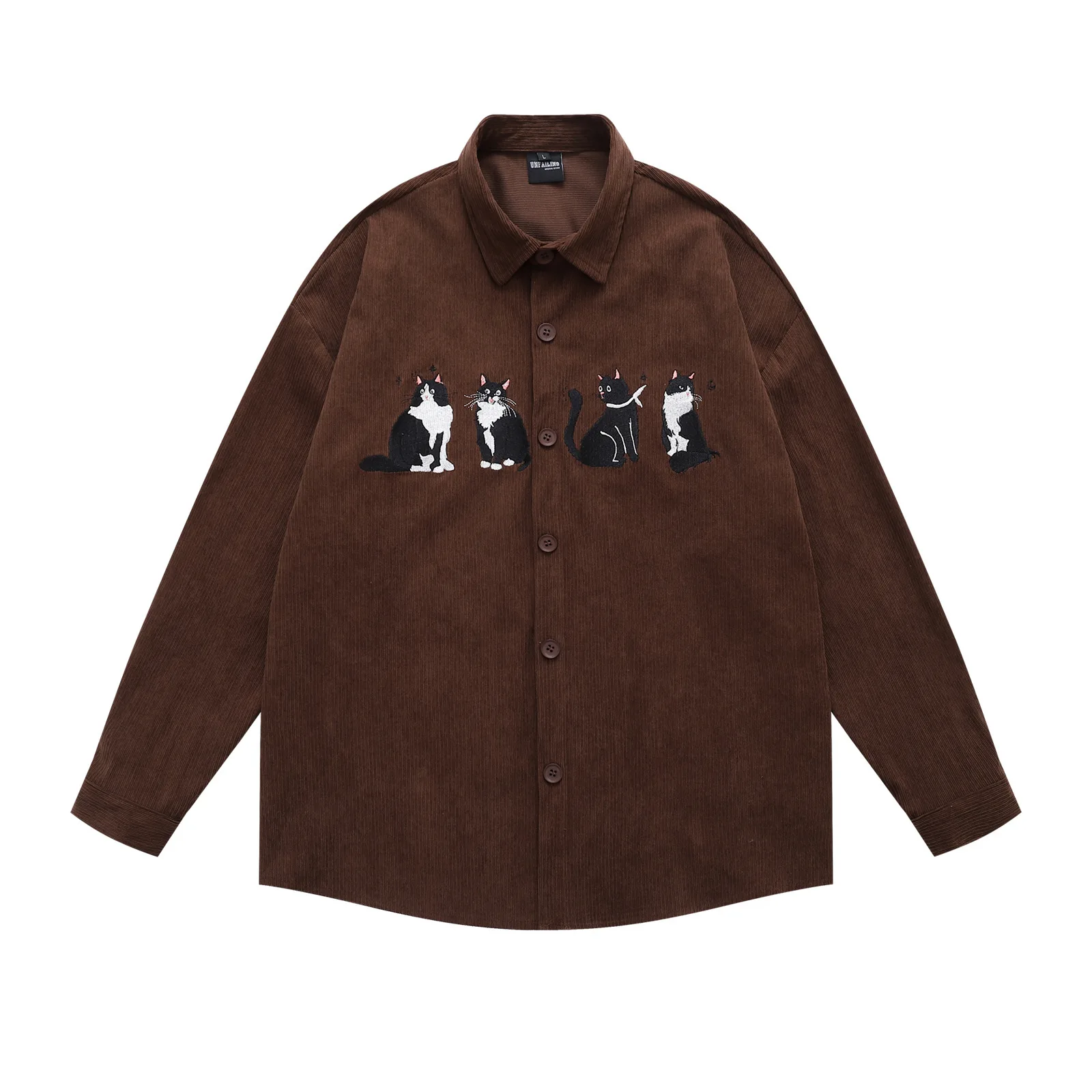 

Мужская вельветовая рубашка с длинными рукавами и вышивкой милого кота в стиле хип-хоп, осенняя свободная повседневная рубашка на пуговицах, куртка Y2K, уличная одежда унисекс