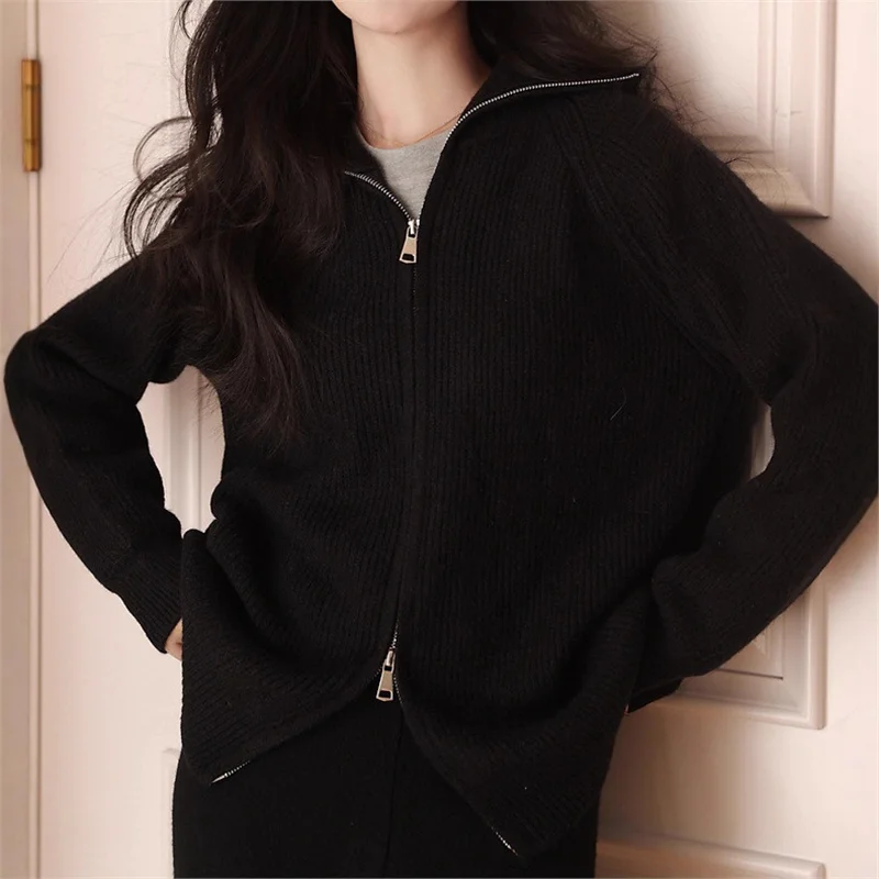 Women's New Autumn Winter Collared  Zip Ribbed Knit 2-Piece Set Oversized Wide Leg Pants Fashion Sweater Suit