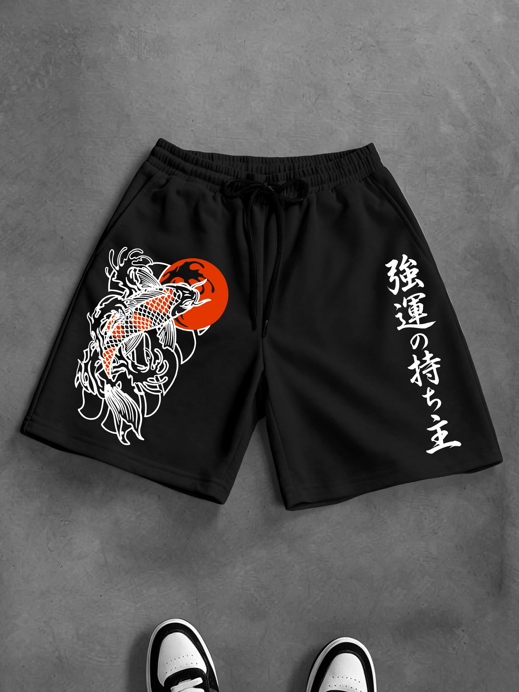 

Men's Oversized Japanese Streetwear Shorts Brand Koi Fish Red Sun Lucky Print Polyester Black Multi Color Casual Shorts S-2XL Al