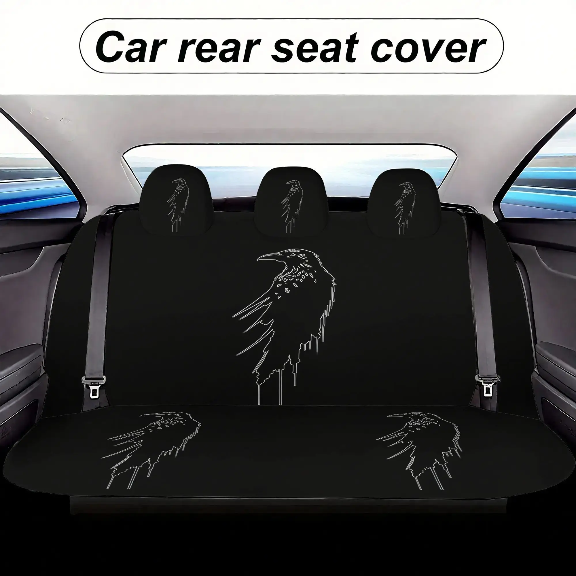 7pcs Dripping Ink Crow Printed Universal Car Seat Covers, Including 2 Front Seat Covers + 1 Rear Backrest Cover + 1 Rear Seat Cu