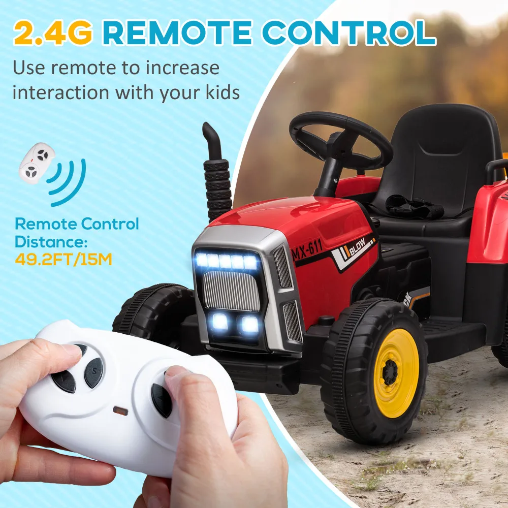 Aosom 12V Ride on Tractor con rimorchio Trattore elettrico a doppio motore da 25 W con telecomando Avvio musicale Suono Corno Luci a LED