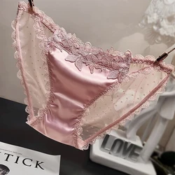 Women Satin Briefs Seamless Panties Smooth Silk-like Underwear Sexy Ladies Flower Underpants Back See Through Mesh Knickers