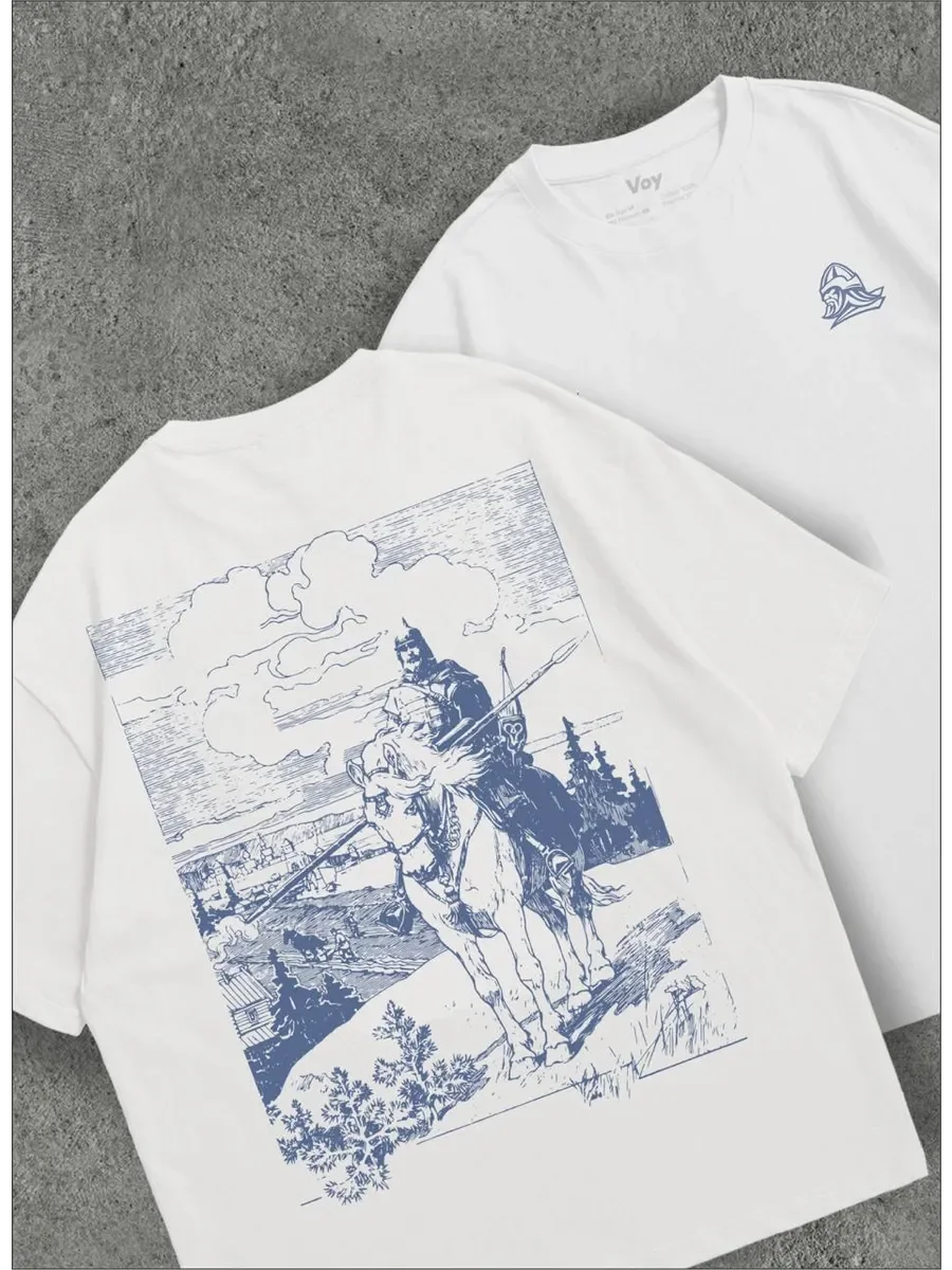 Oversized Women 100% Cotton Short Sleeve Tee Antique Print Horseman Warrior Scene Back Print Retro Casual Daily Top