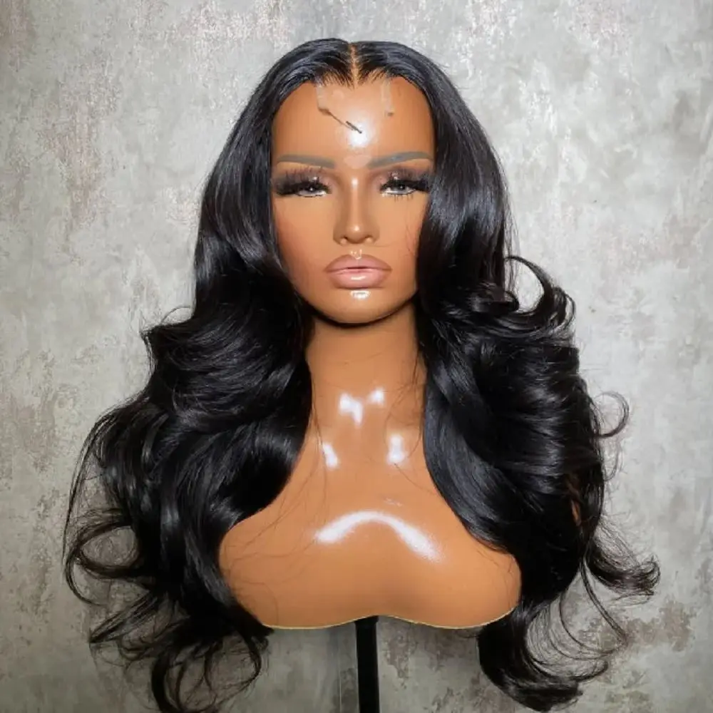 

Длинный натуральный черный 180 Плотность Объемная волна Бесклеевой 26-дюймовый мягкий парик фронта шнурка для чернокожих женщин Детские волосы Предварительно выщипанный ежедневный парик