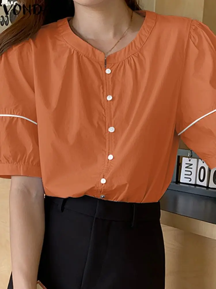 VONDA 2024 camicie estive elegante donna manica corta camicetta arruffata tinta unita o-collo Casual bottoni larghi top oversize Blusas