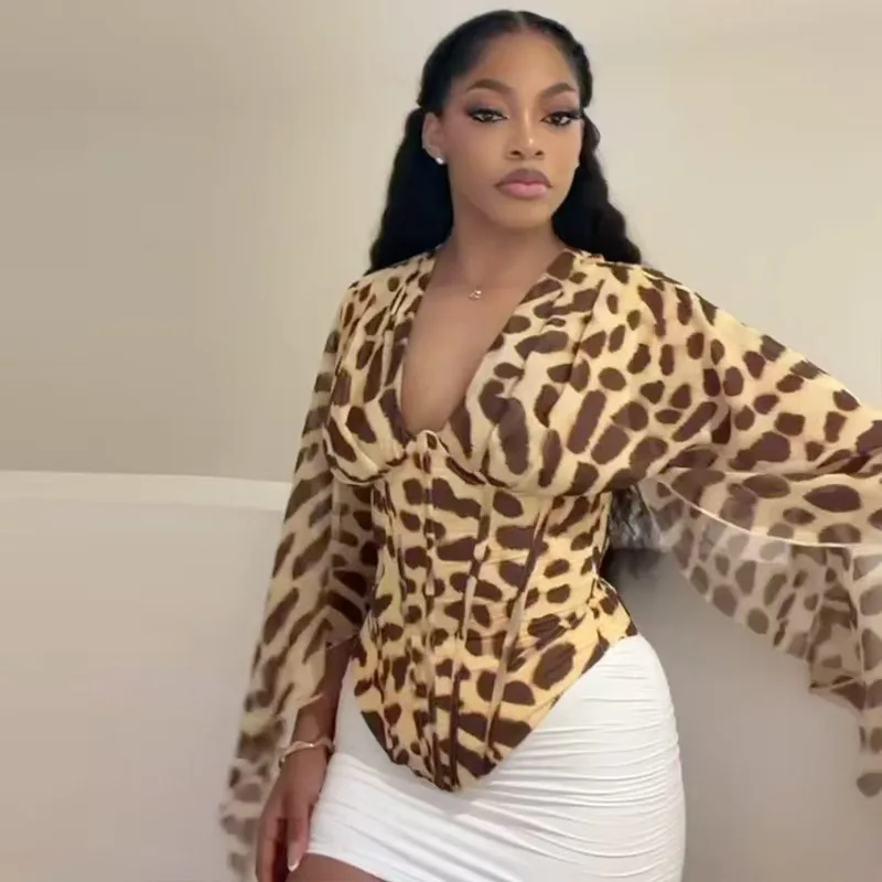 Comfortable And Loose-fitting Women's Random Leopard. Print Design T-shirt V-neck Long-sleeved Asymmetrical,   Short New Top