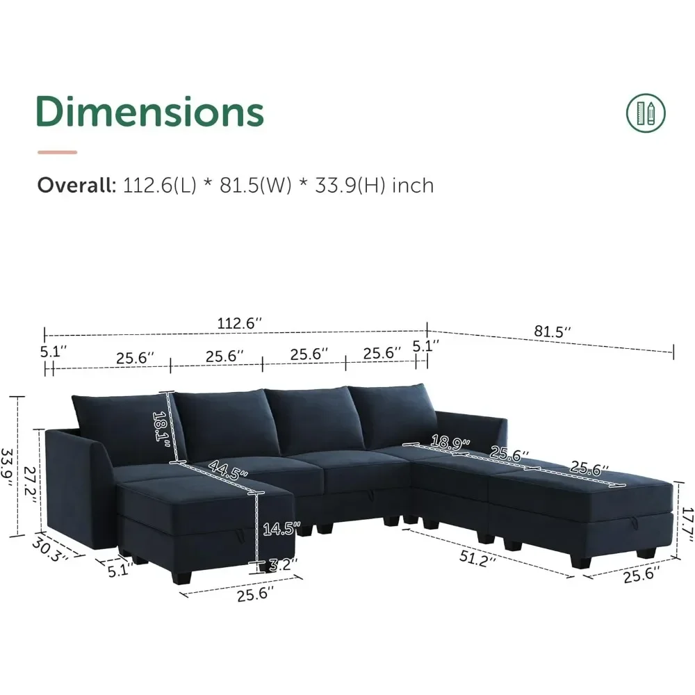 Modular Sectional Sofa Velvet U Shaped Couch with Ottomans Convertible Sectional Couch 7 Seater Sofa with Storage Seat