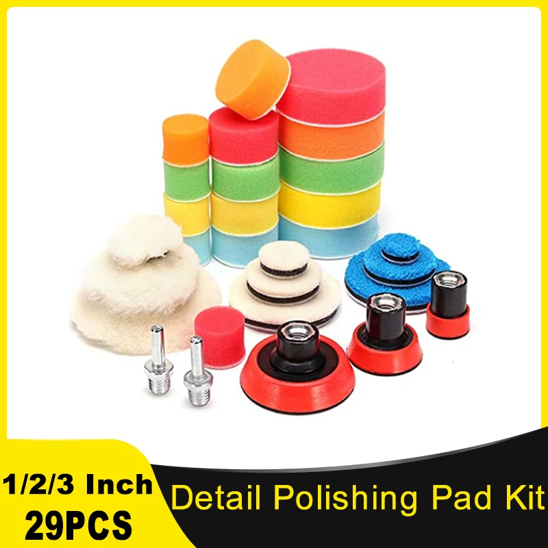 

29 Pcs Small Area Drill Buffing Pad Detail Polishing Pad Mix Size Kit Backing pad & Adapters for Car Sanding Polishing Waxing