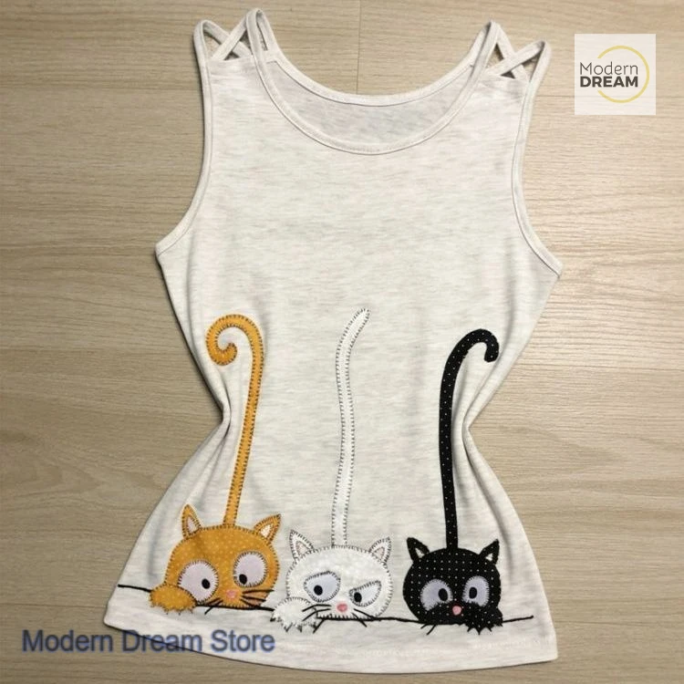 

American spice cartoon cat embroidered suspender vest female summer new fashion white gray slim casual sleeveless Joker top.