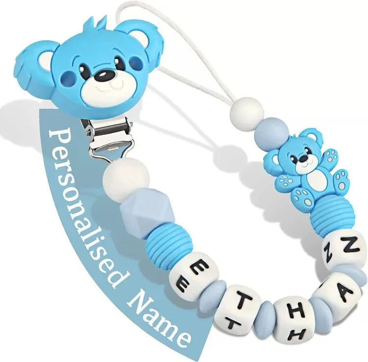 

New Baby Pacifier Clips Personalized Name Teethers Toys Dummy Nipples Holder Cartoon Bear Babies Accessories Infant Feeding Gift
