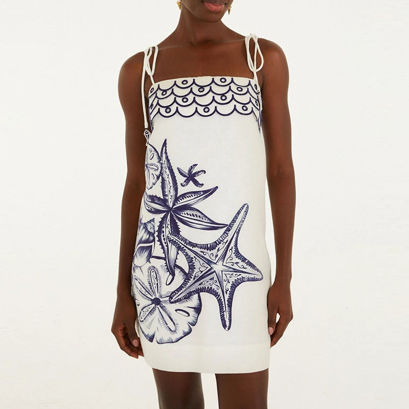 

Fashion Pattern Print Holiday Beach Dress Casual Sleeveless Lace-up Summer Short Dress Women's Sexy Off Shoulder Camisole Dress
