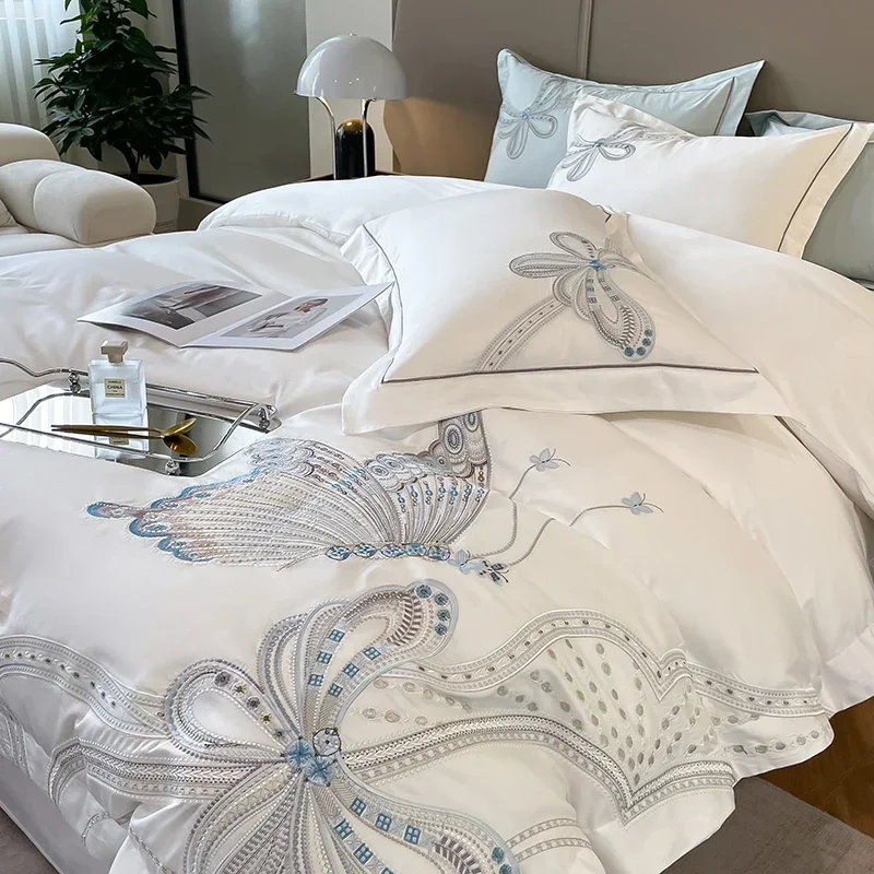 100% Egyptian Cotton Luxury Butterfly Embroidery Wedding Bedding Set 100% Cotton Duvet Cover Flat/Fitted Bed Sheet Pillowcases