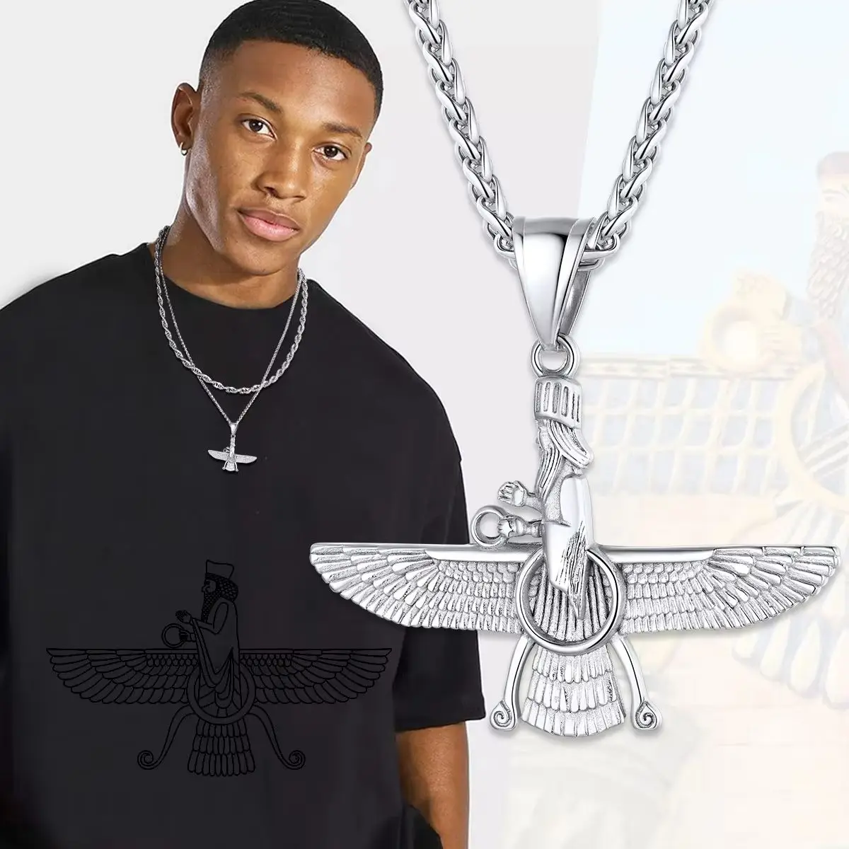 Size S/L Faravahar Necklaces Ahura Mazda Pendant Stainless Steel Zoroastrian Iranian Necklaces for Man Women Iran Jewelry Gift