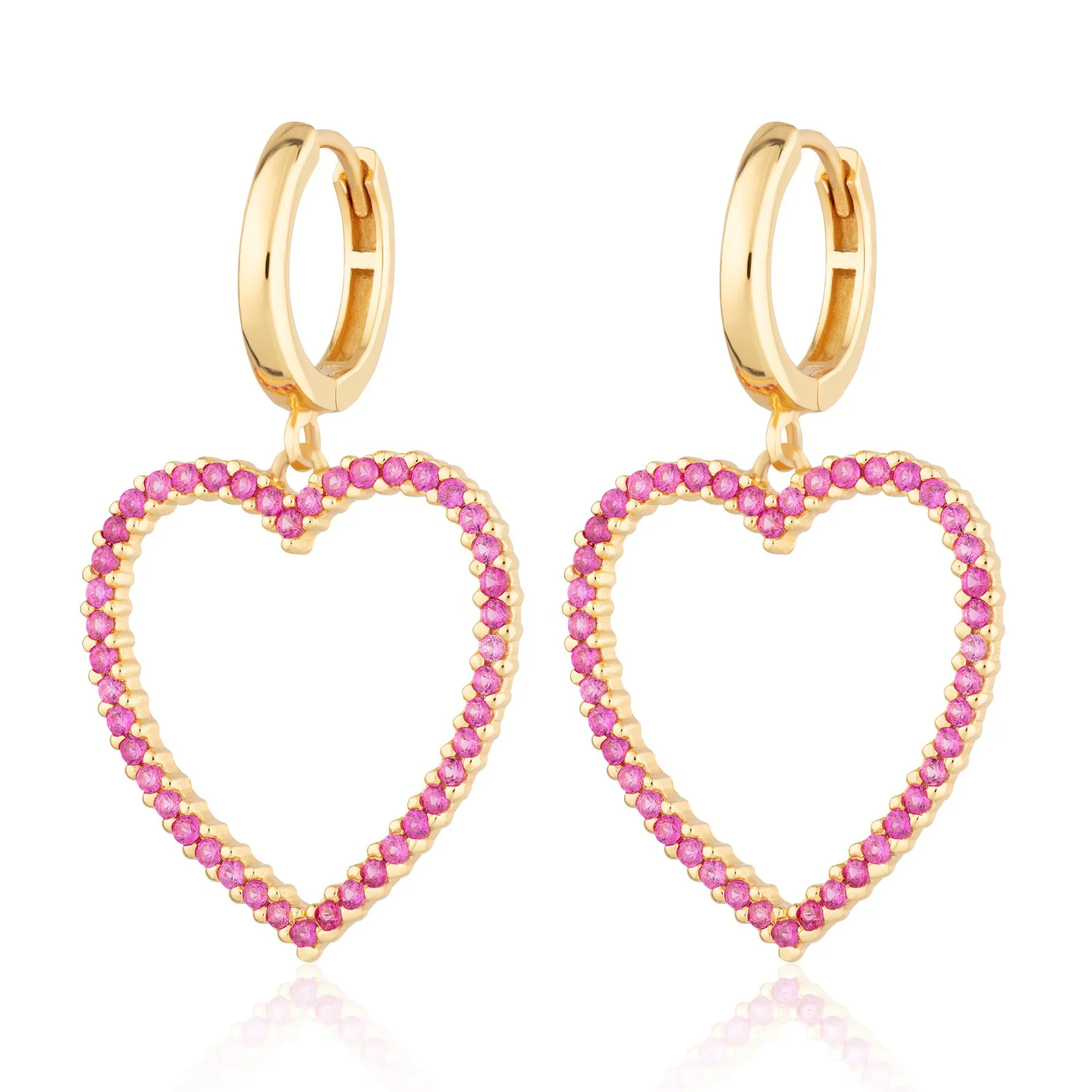 Jewel 925 Silver 18k Gold Fancy Cute Pink Cubic Zirconia Thick Large Heart Earrings