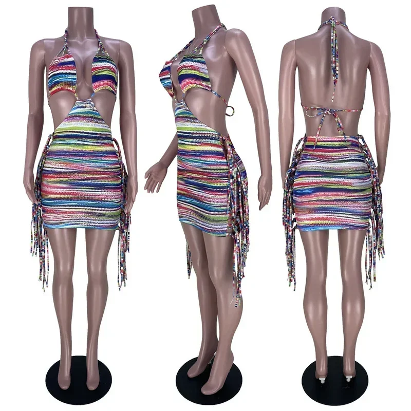 Guwu-ミニドレス,ホルターネック,フリンジ,ホルターネック,ホルターネック,ホルタートップ,リーフプリント,タイト,ビーチウェア,パーティークラブドレス,新しいファッション