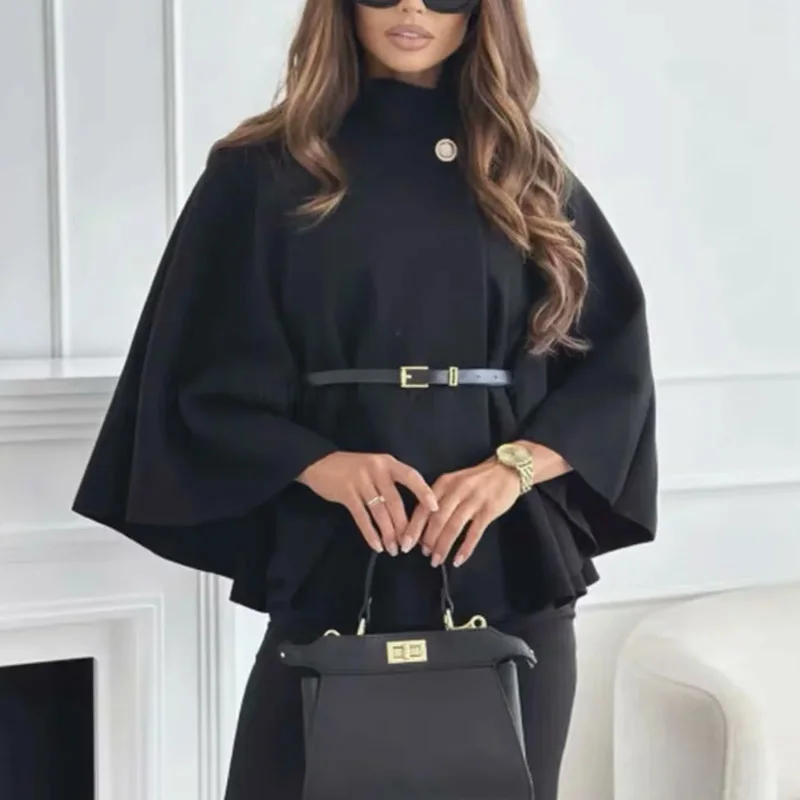 

Wool & Blends Coats Autumn Winter Solid Coats Elegant Cloak Jacket Ladies Womens Coat Short Cape Coats For Women Belt Faux