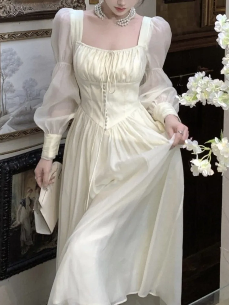 

Vintage Princess Party Dress for Women High Waist A-line Lace Up Summer New French Elegant Prom Robe One Piece Vestidos Mujer