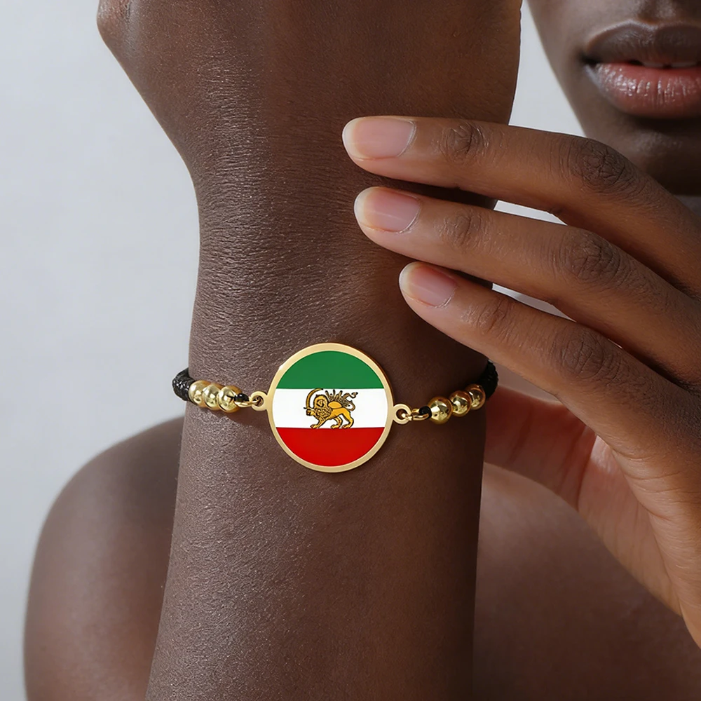 Iran Lion Sun Crown Pendant Bracelets Iranian Flag Badges Stainless Steel Hand Chain Bangle Jewelry Adjustable Rope String Beads