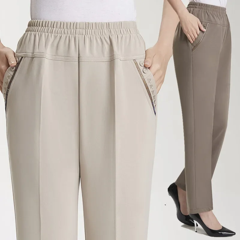 

Large Size Women Pants Spring Summer Ice Silk Elastic Waist Female Trousers Casual Middle Aged Mother Stretch Pantalones Z908