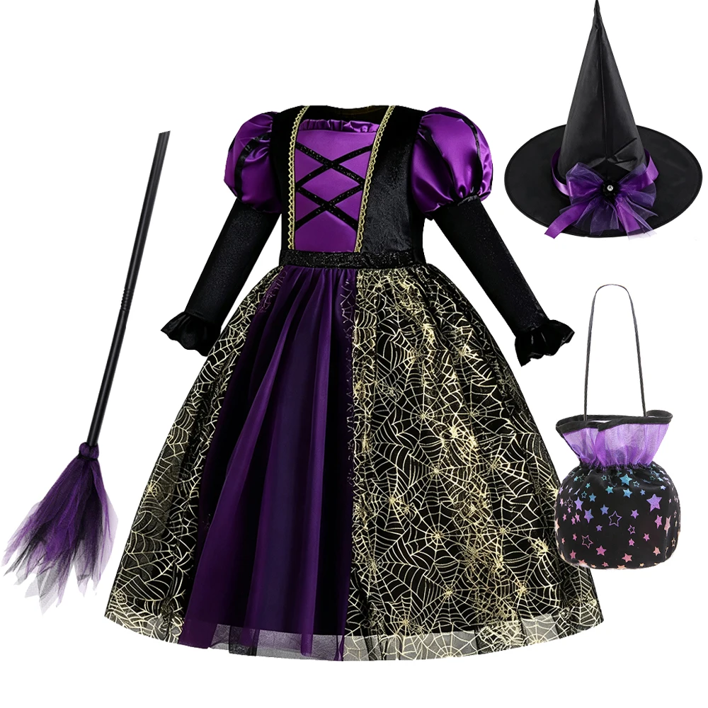 Kinder Gothic Hexenkostüm Schwarzes Lila Langarmkleid für Mädchen Böse Königin Halloween Karneval Faschingskostüm – Detail 10
