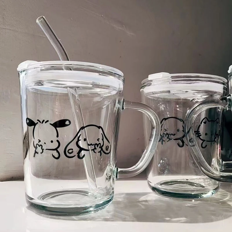 

Anime Sanrio Kawaii Cute Pochacco Hello Kitty Clear Glass Cup High Appearance Level Cup Household Glass Sippy Cup With Lid Gifts