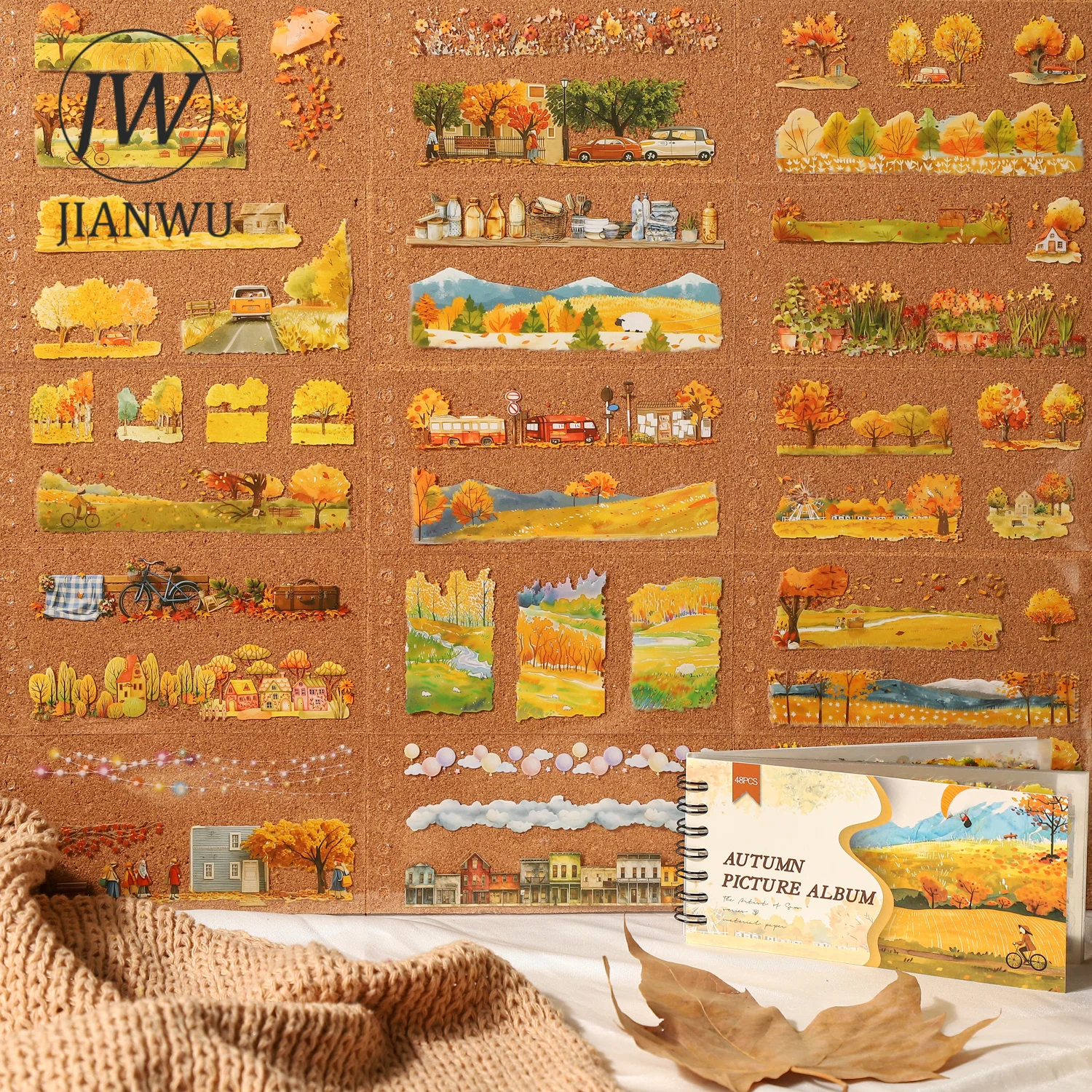 

JIANWU Vintage Autumn Plant Tree Flower Painting Landscape Material Collage PET Sticker Book Creative DIY Journal Stationery