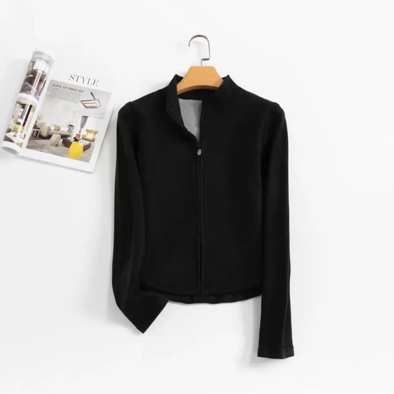 Women Autumn Winter Fleece Lined Warm Zip Up Jacket Stand Collar Slim Yoga Sports Thermal Short Outerwear