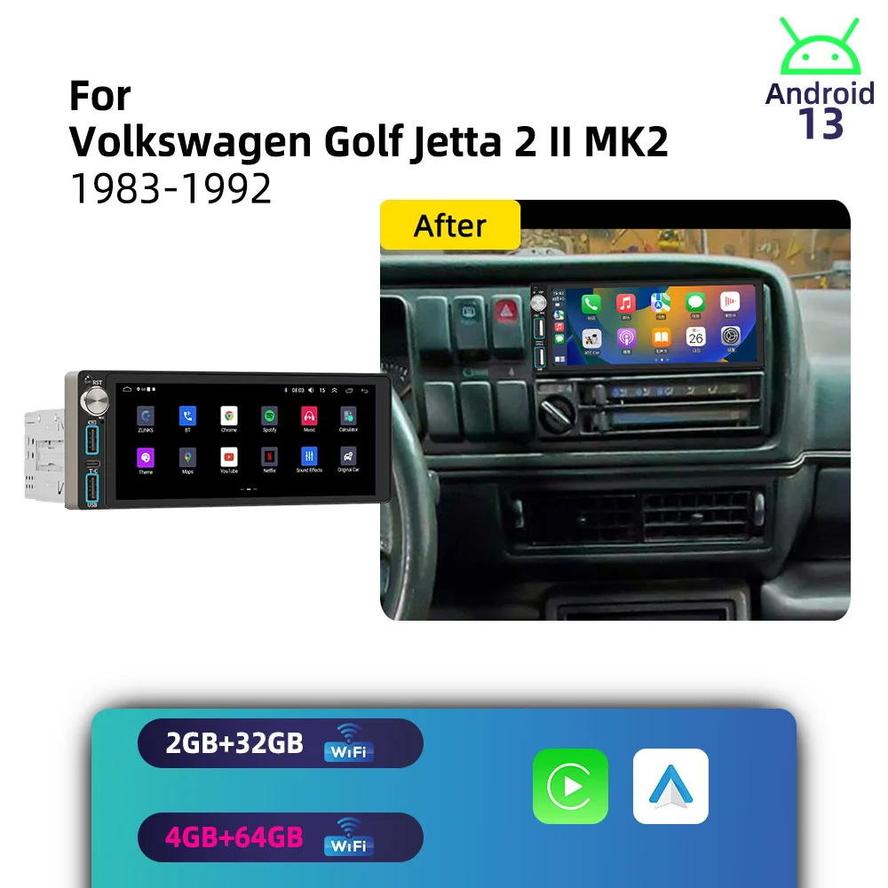 Android 1Din Car Stereo 6.86 Screen for VW Volkswagen Golf Jetta 2 II MK2 1983-1992 CarPlay GPS Multimedia Autoradio Radio