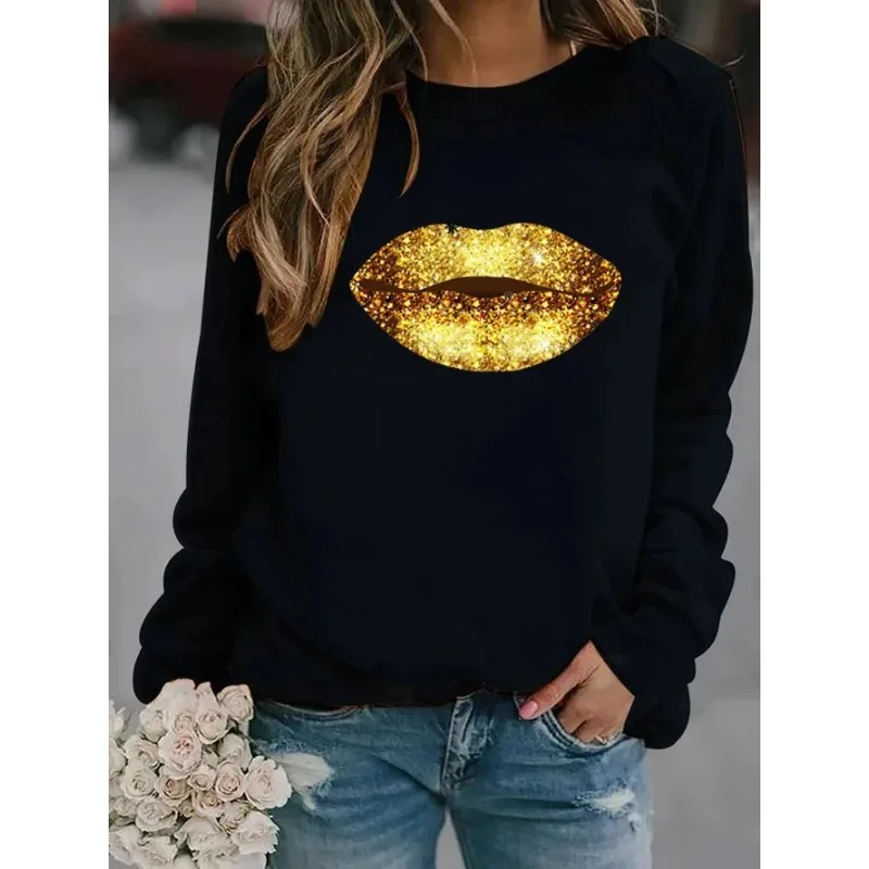 New Gold Lip Pattern Printed Women\'s Fleece Long-sleeved Loose Neck Sports Casual Round Neck Hoodie Sweatshirt Clothes