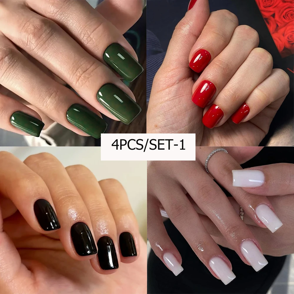 96PCS/4SET Medium Square Black Red White Green Press On Nails Highlight Nails Solid Colored Wear Nails Cheap Press On Nails