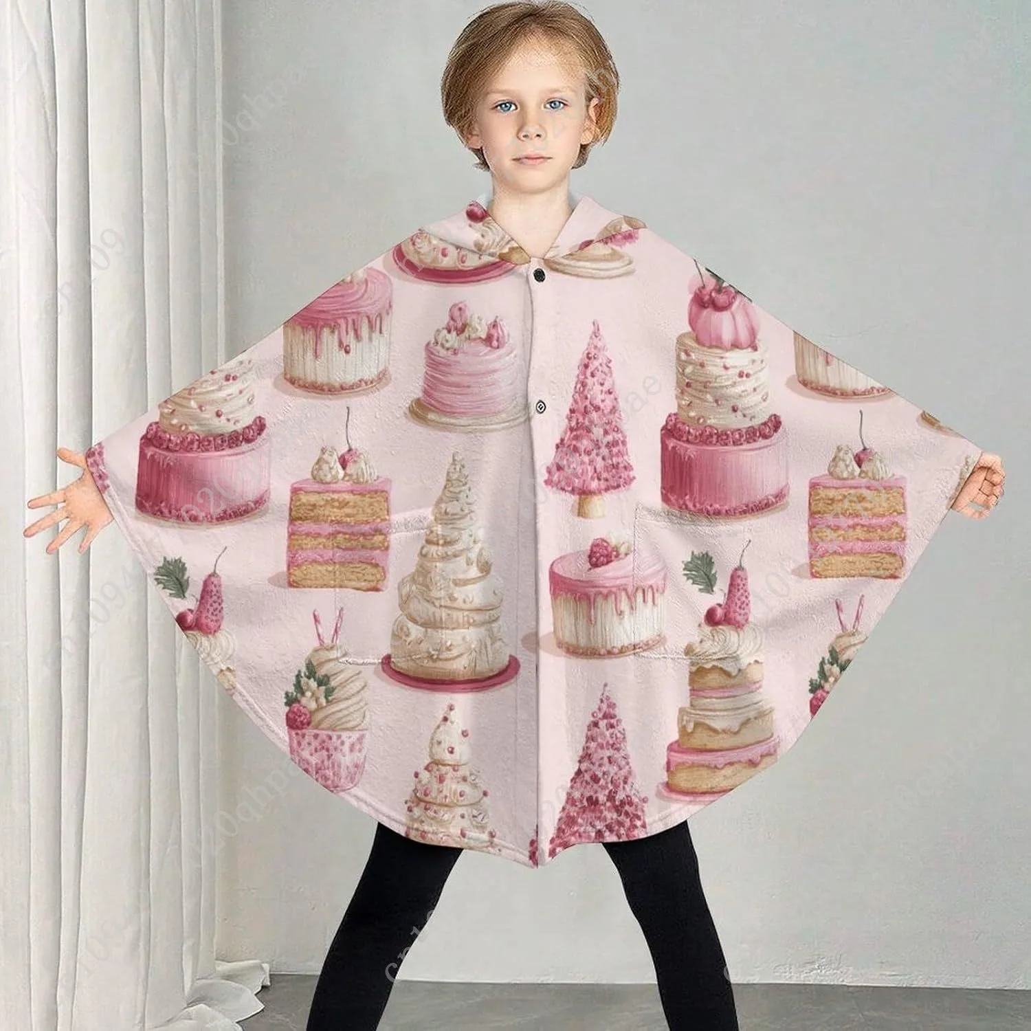 سترة بطانية مريحة من الفلانيل، هوديي كبير الحجم على شكل كعكة عيد الميلاد الوردية مع جيوب للأطفال والمراهقين #2