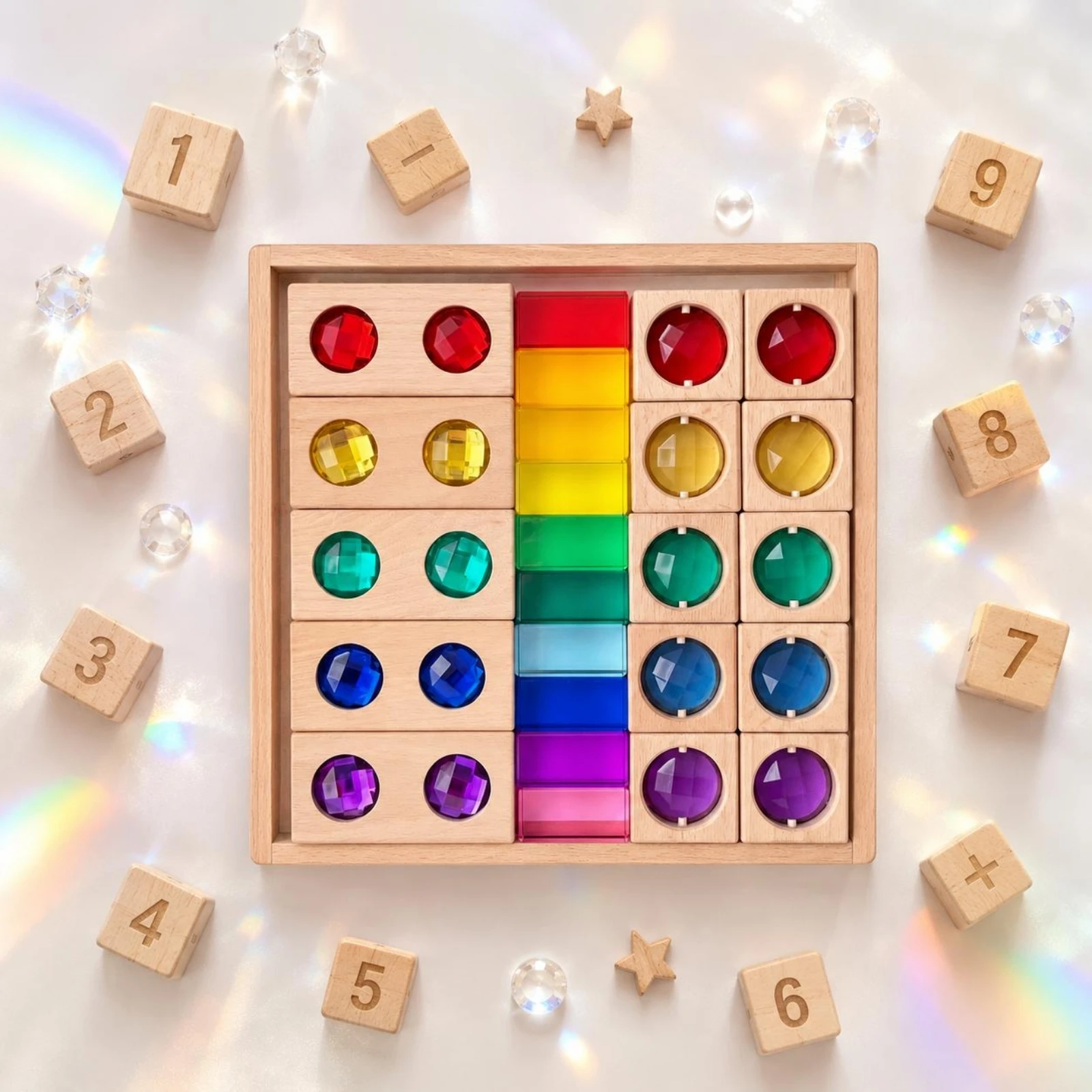 Wooden Sensory Stacking Toy Faceted Wooden Crystal Blocks Acrylic Stacking Board Colorful Acrylic Window Blocks Sunlight