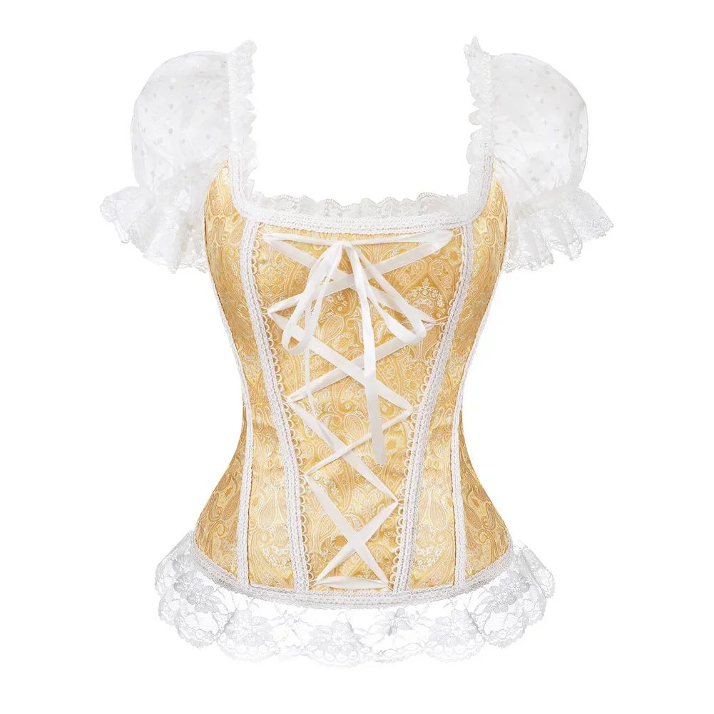 Fashion Women Corset and Bustiers Tops with Lace Sleeves Vintage Style Victorian Retro Overbust Burlesque Sexy Corselet Vest