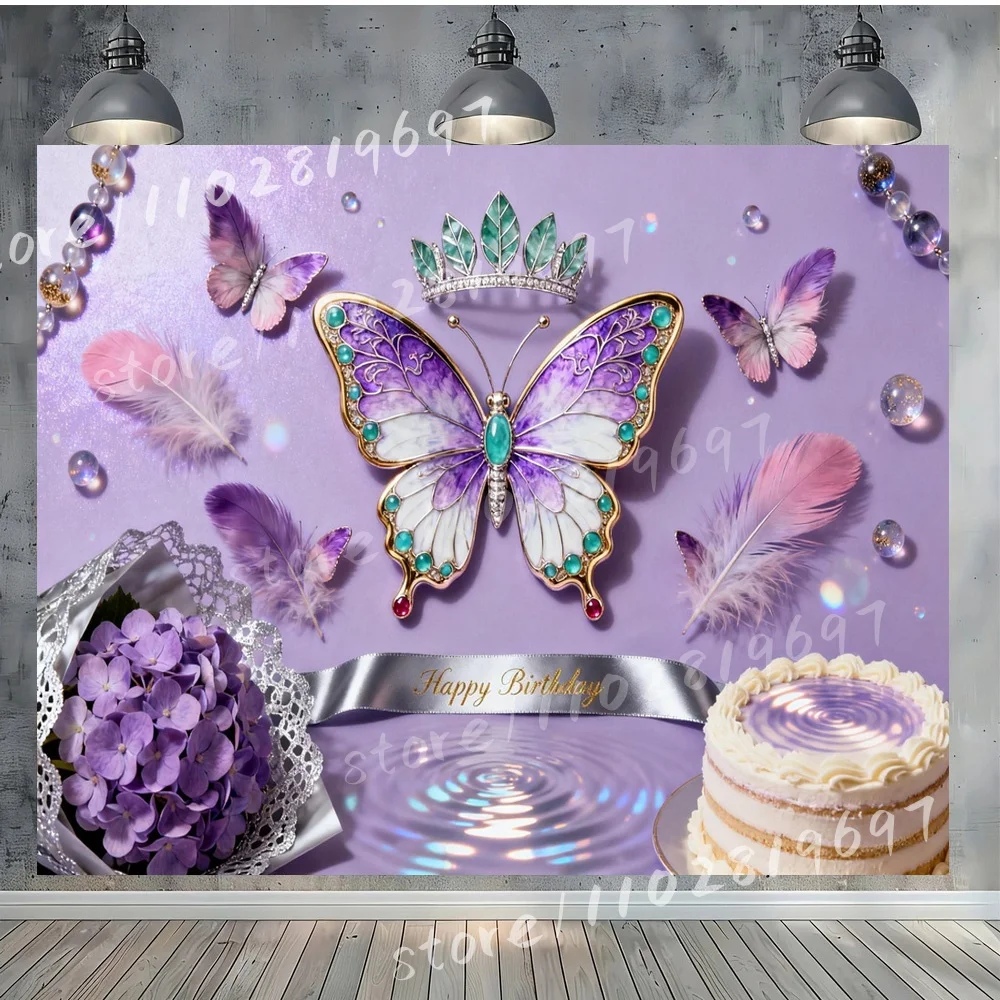 Happy Birthday Vinyl Backdrop Background with Colorful Butterfly Wings Crown Decor Ribbon Birthday Cake Pink Roses Pearls