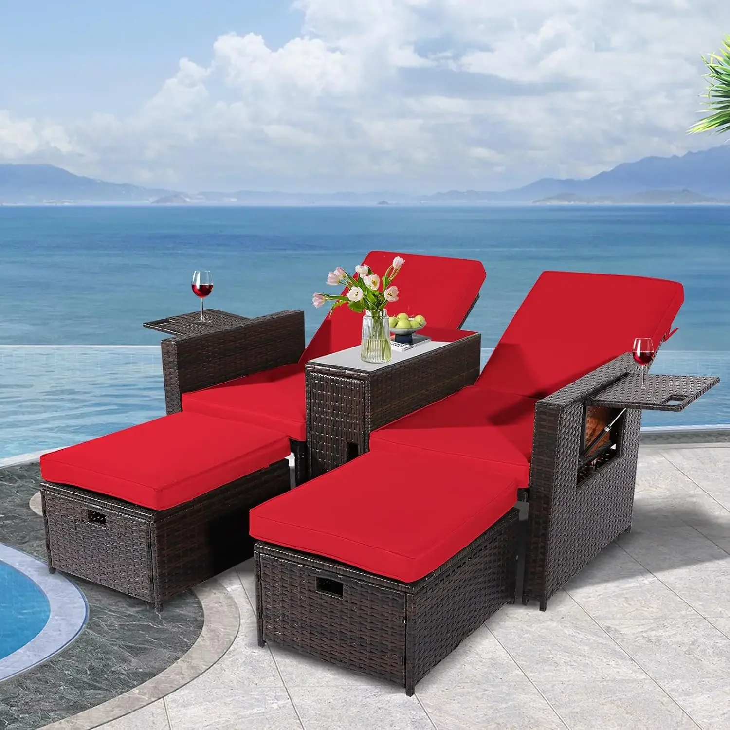 5PCS Outdoor Wicker Chaise Lounge Chair - Rattan Adjustable Reclining Patio Lounge Chair with Ottoman and Coffee Table