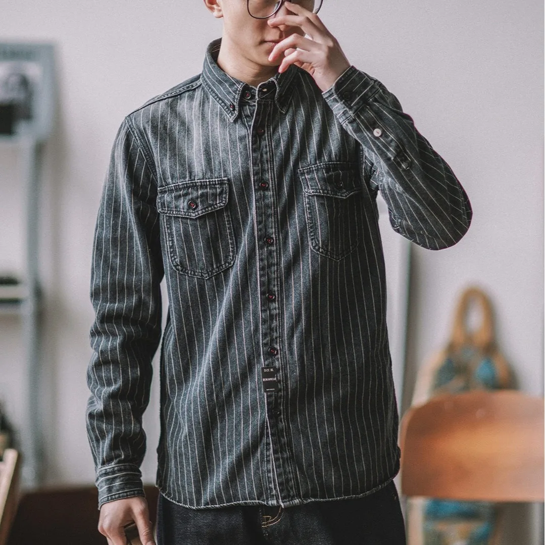 Men's Vertical Striped Denim Shirt Heavyweight Washed Distressed Long Sleeve Workwear Shirt for American Retro Casual Style