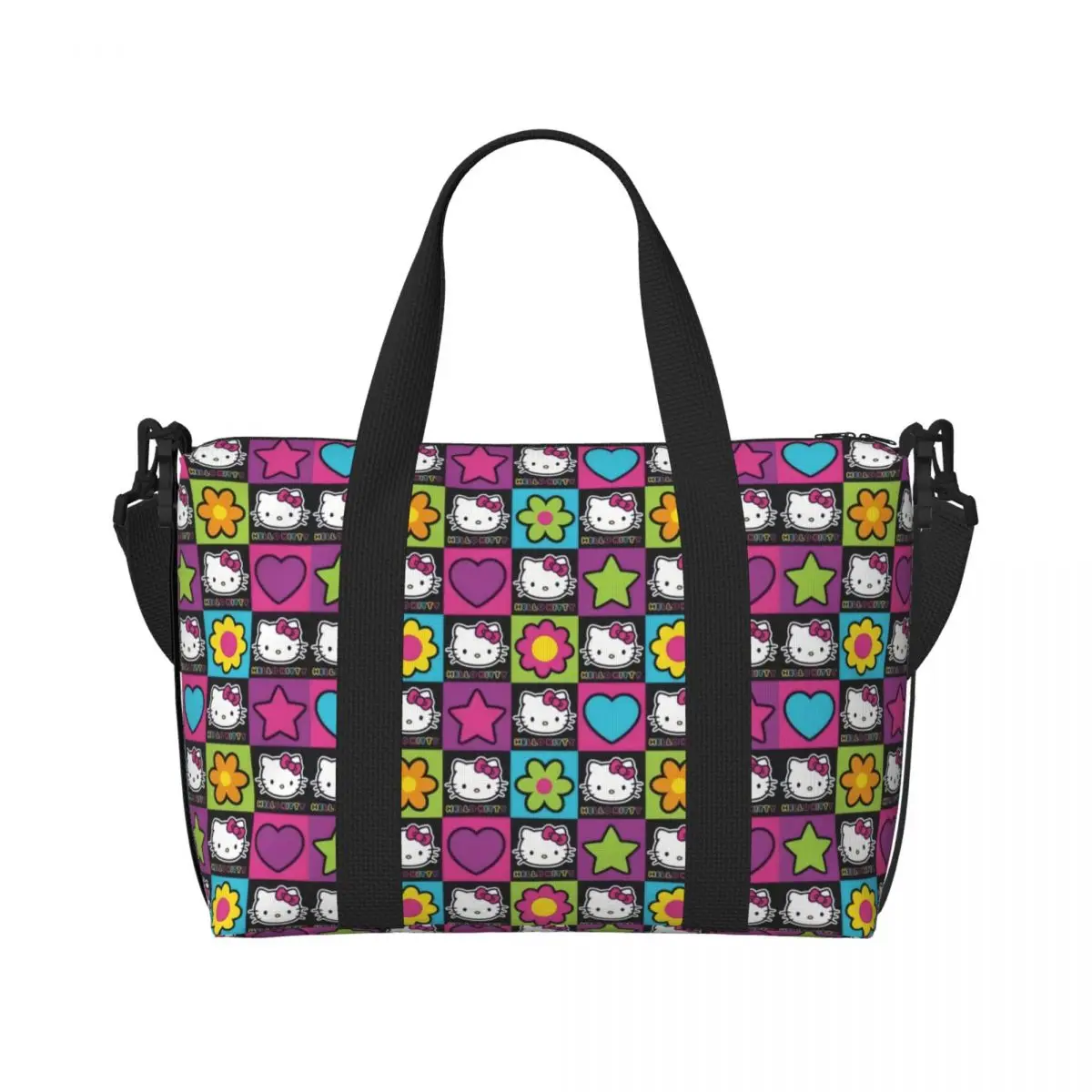 

Custom Cartoon Hello Kitty Sanrio Japan Anime Beach Tote Bag for Women Extra Large Gym Carry On Travel Shopping Bags
