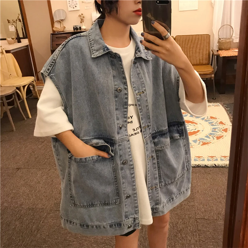 

S-5XL Oversized Retro Denim Vest Sleeveless Turn Down Collar Pockets Loose Women Waistcoat Spring Aurumn Casual Outerwear