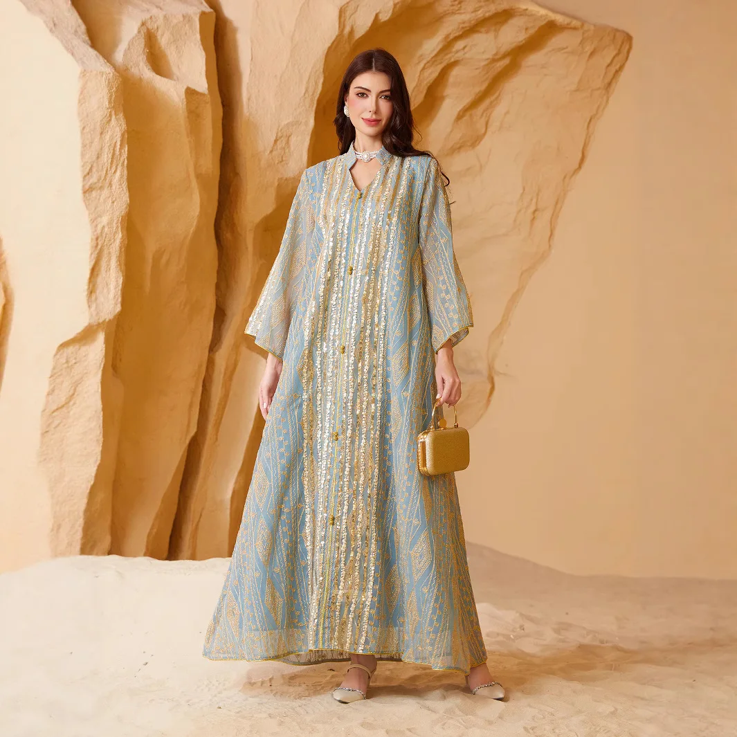Nuevo Vestido de Ceremonia de Lujo para Mujer Musulmana de Oriente Medio, Talla Grande, con Lentejuelas, Elegante, Bordado, de Manga Larga, a la Moda