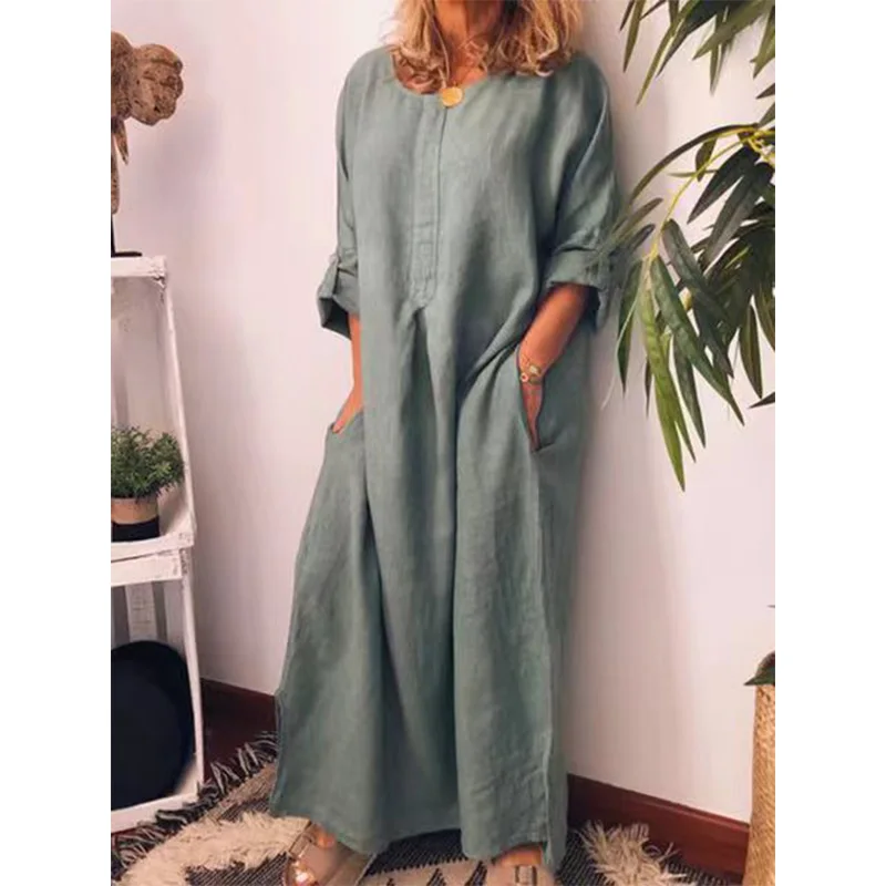 Vintage Cotton Linen Summer Clothes for Women Round Neck Solid Color Splicing Pockets Loose-fitting Long Sleeve Slit Long Dress