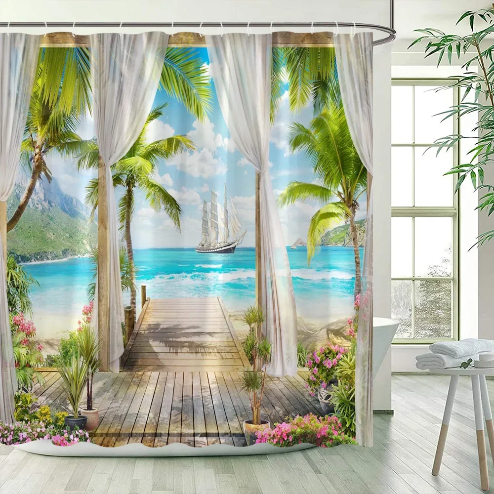 Forest Waterfall Landscape Shower Curtains Ocean Beach Coconut Tree Nature Scenery Garden Wall Hanging Bathroom Decor with Hooks