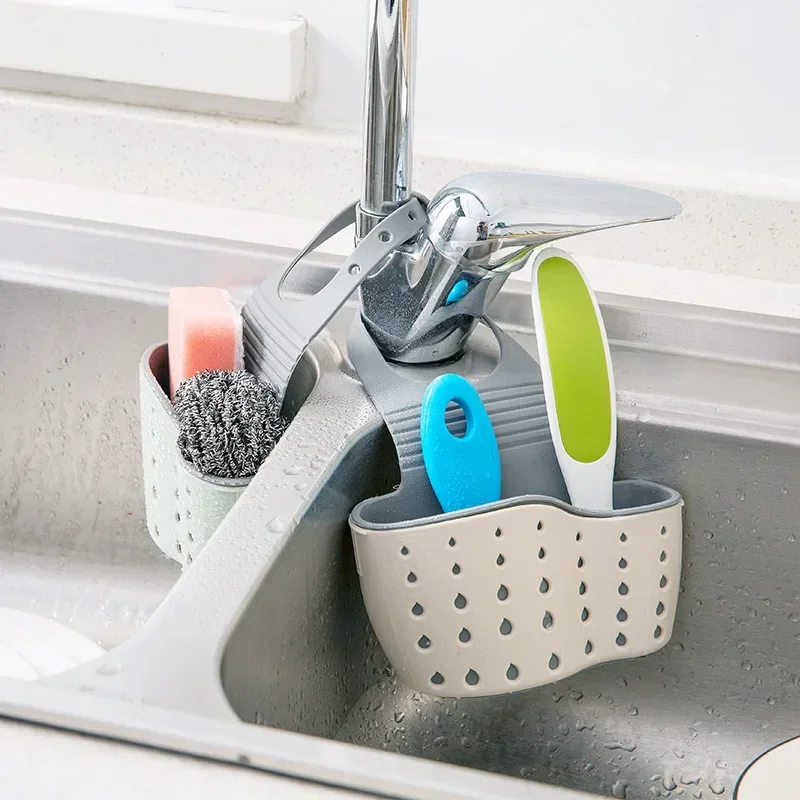 

Kitchen Sink Caddy Sponge Holder Silicone Plastic Soap Holder Hanging Ajustable Strap Faucet Caddy with Drain Holes for Drying